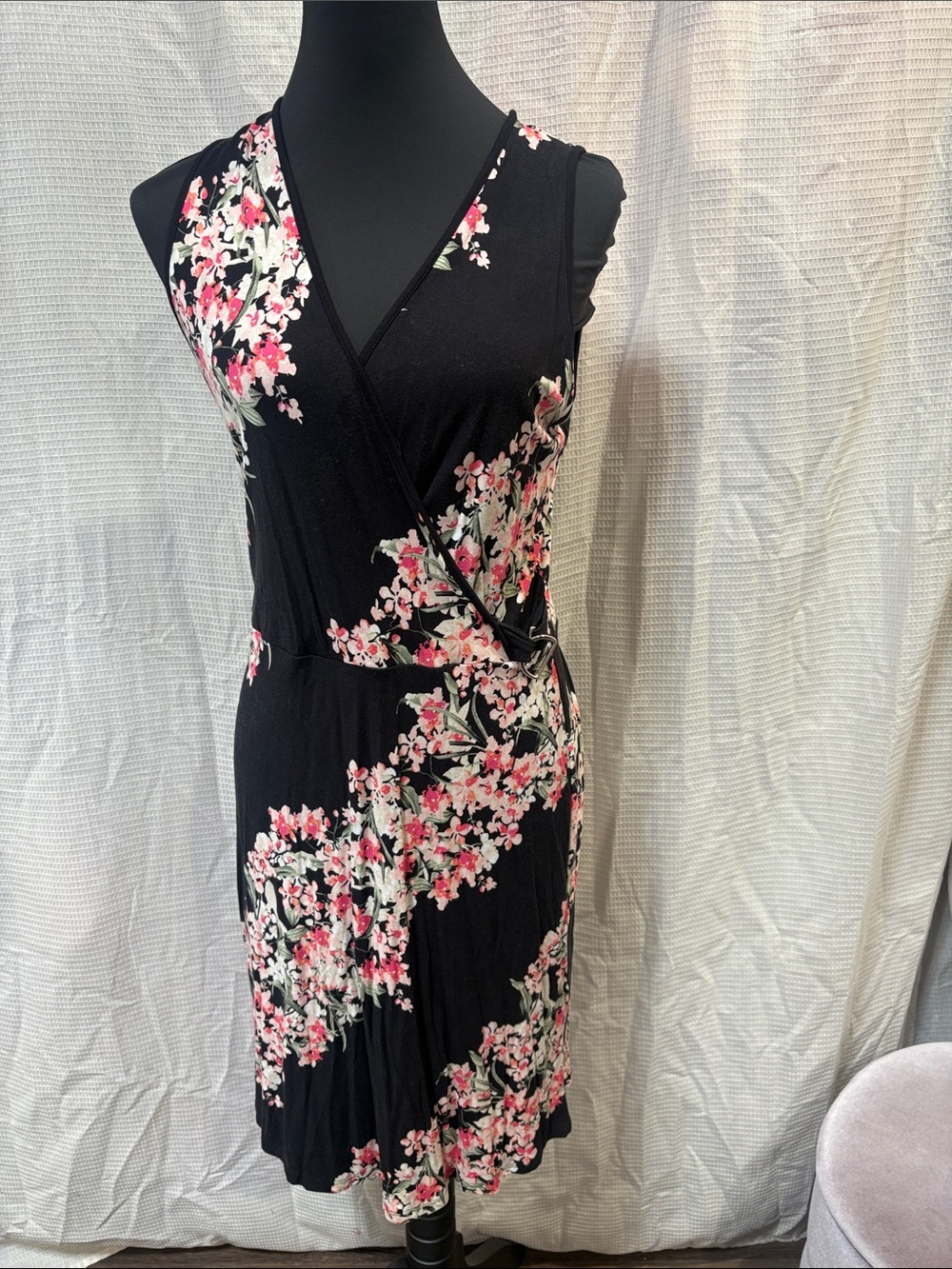 White House Black Market Black Floral Wrap Midi Dress with Pink & White Blooms
